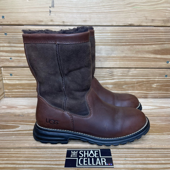 UGG Australia Womens Brooks Winter Boots Brown Sheepskin Mid Calf Pull On 7 - Picture 1 of 9
